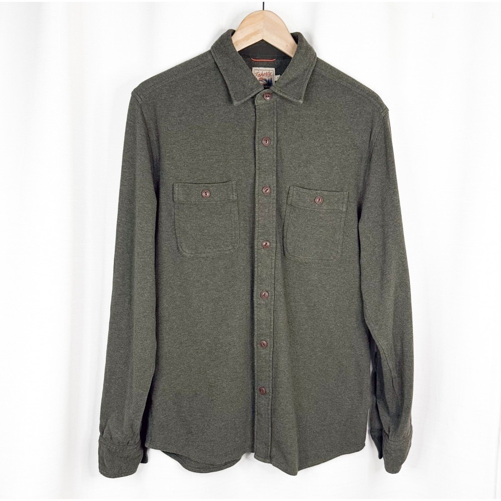 Faherty Knit Alpine Shirt Mens M Olive Green Flannel Organic Cotton Stretch EUC